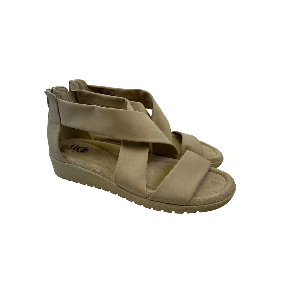 Earth Spirit Sandal Criss Cross Band Back Zip Wedge Neutral Beige Tan Womens 10